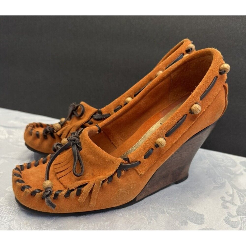 Sam Edelman Size 6M Angelina Moccasin Wedge Shoe Orange Fringe Suede